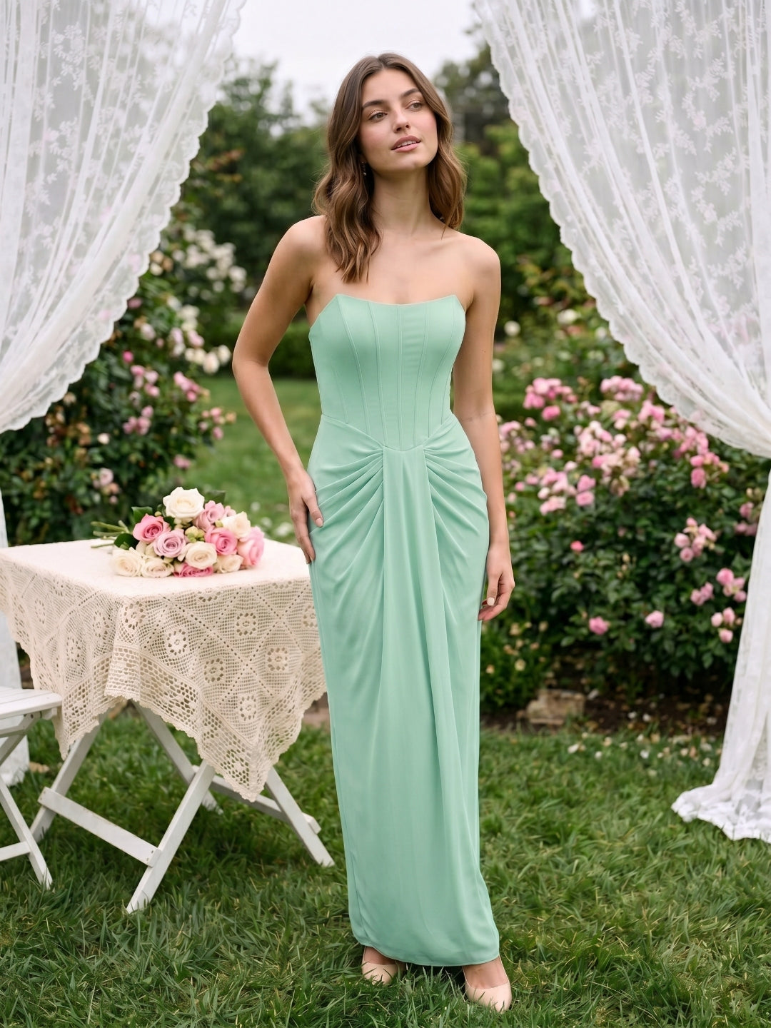 Mint Green Chiffon Sheath Straight Neck Backless Floor-Length Formal Dress with Pleating