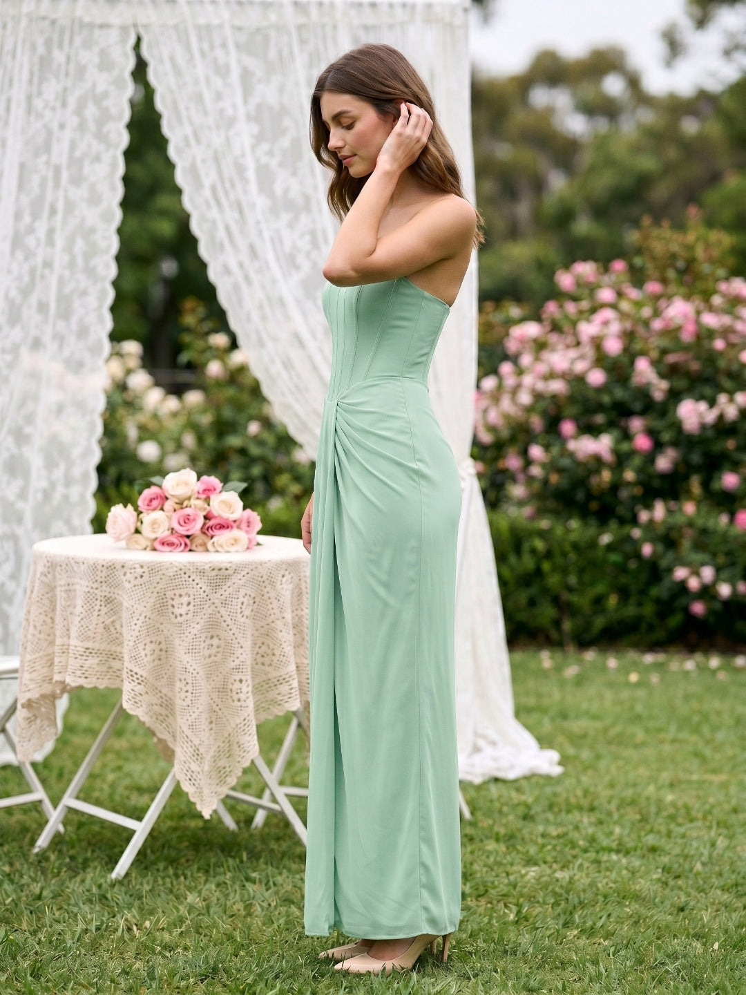 Mint Green Chiffon Sheath Straight Neck Backless Floor-Length Formal Dress with Pleating