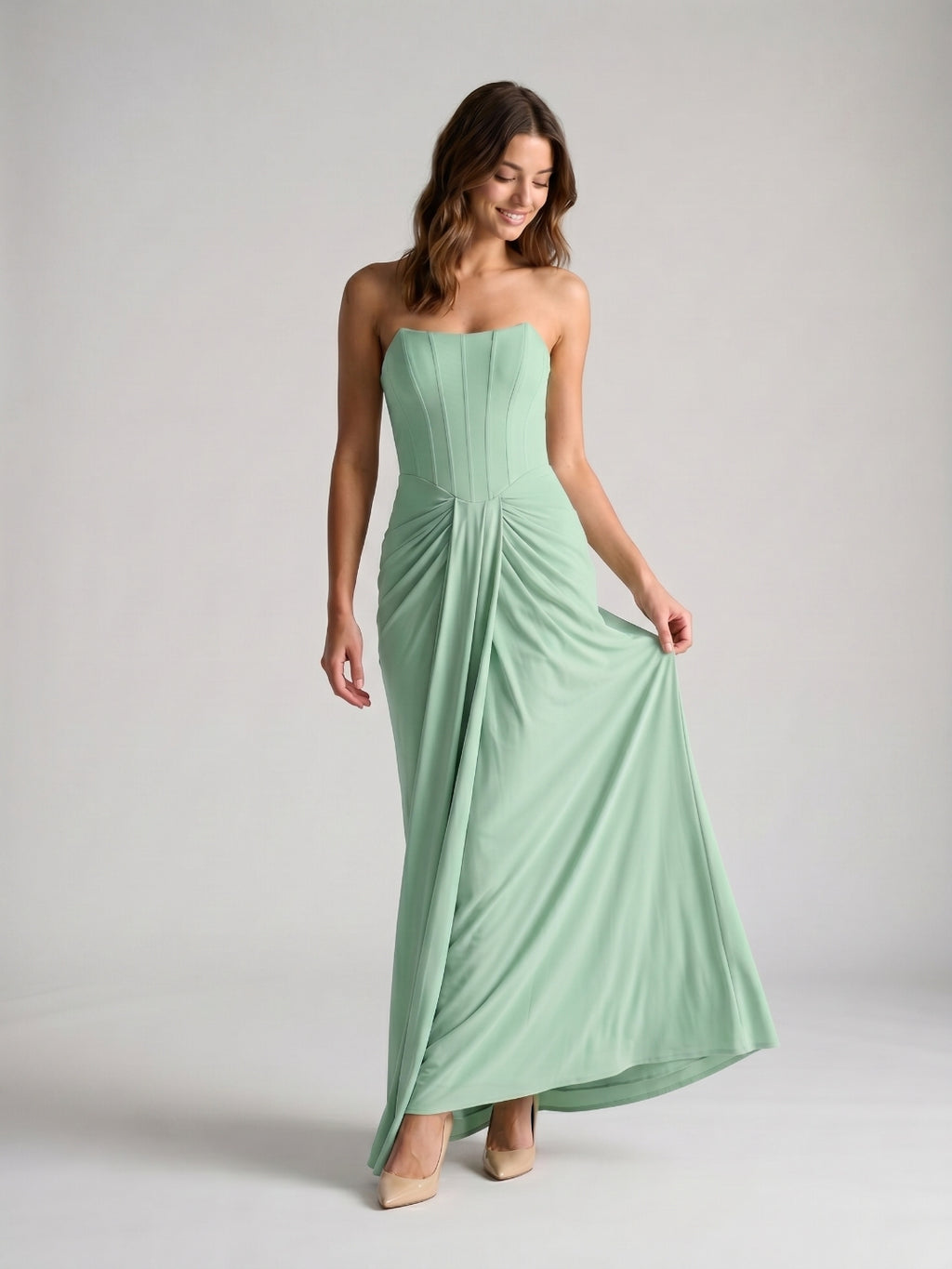 Mint Green Chiffon Sheath Straight Neck Backless Floor-Length Formal Dress with Pleating