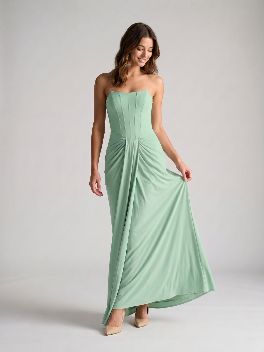 Mint Green Chiffon Sheath Straight Neck Backless Floor-Length Formal Dress with Pleating