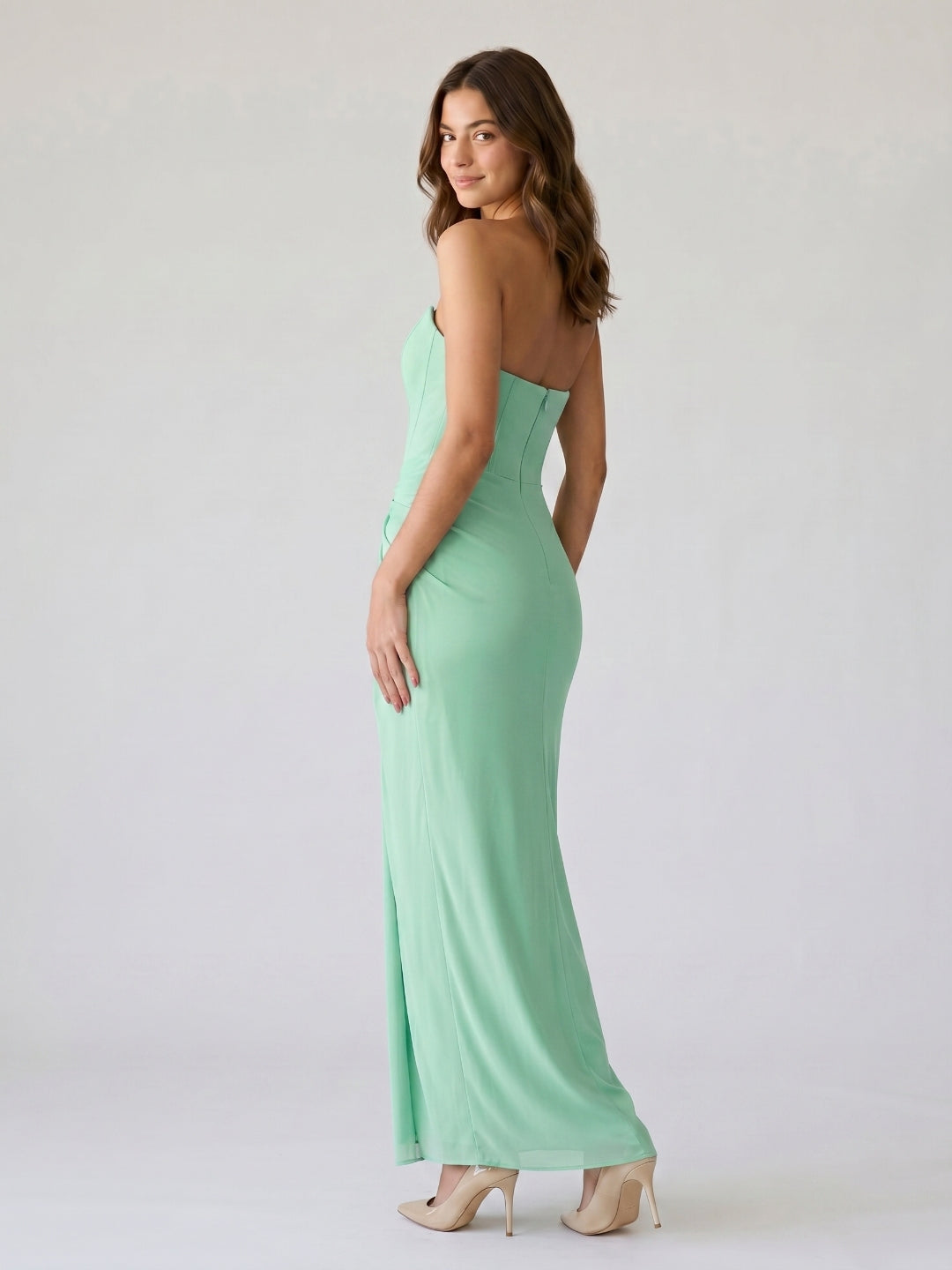 Mint Green Chiffon Sheath Straight Neck Backless Floor-Length Formal Dress with Pleating