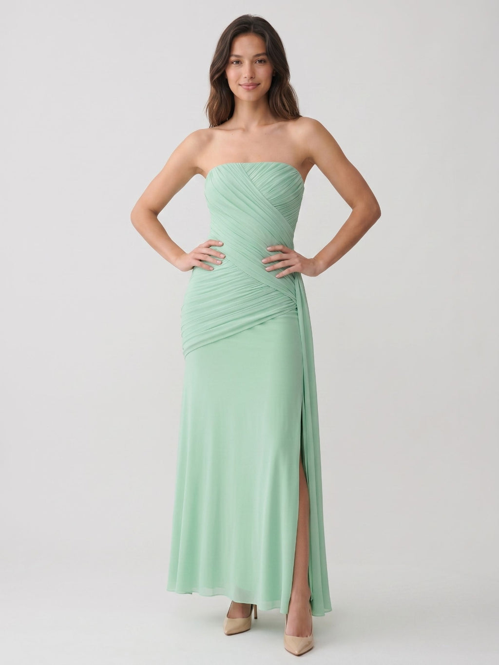 Mint Green Chiffon Sheath Straight Neck Corset Back Floor-Length Formal Dress with Pleating