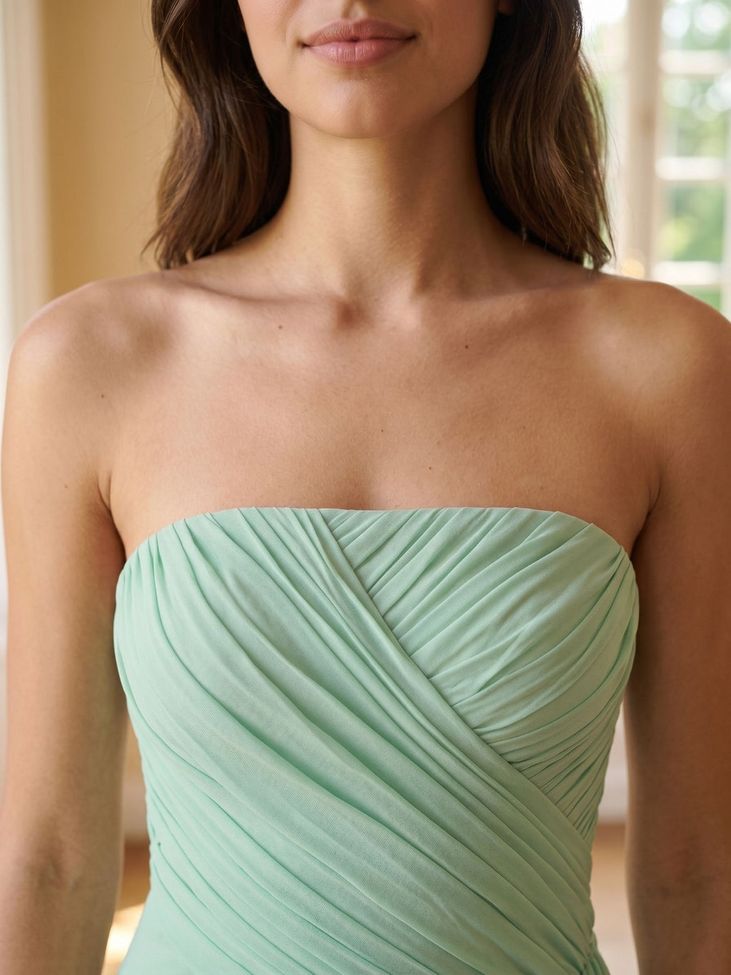 Mint Green Chiffon Sheath Straight Neck Corset Back Floor-Length Formal Dress with Pleating