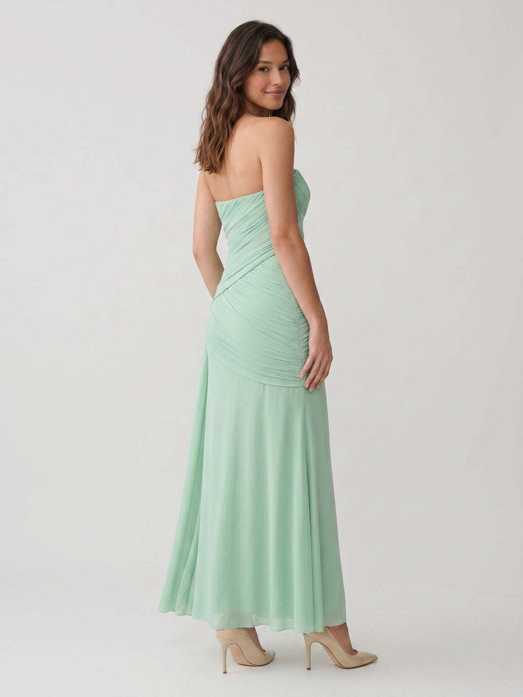 Mint Green Chiffon Sheath Straight Neck Corset Back Floor-Length Formal Dress with Pleating