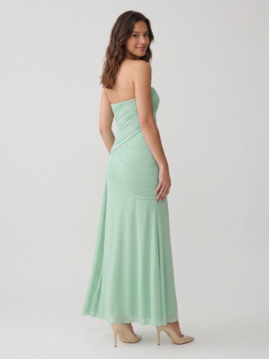 Mint Green Chiffon Sheath Straight Neck Corset Back Floor-Length Formal Dress with Pleating