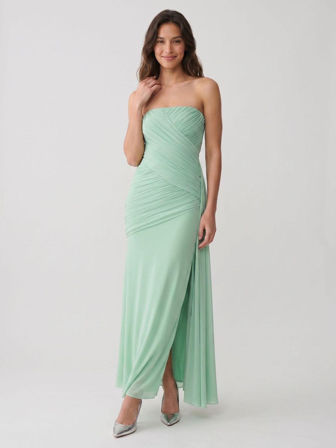 Mint Green Chiffon Sheath Straight Neck Corset Back Floor-Length Formal Dress with Pleating