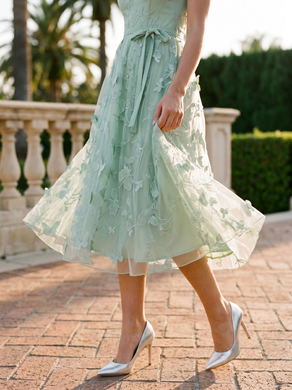 Mint Green Lace A-Line Square Neck Tea-Length Birthday Dress