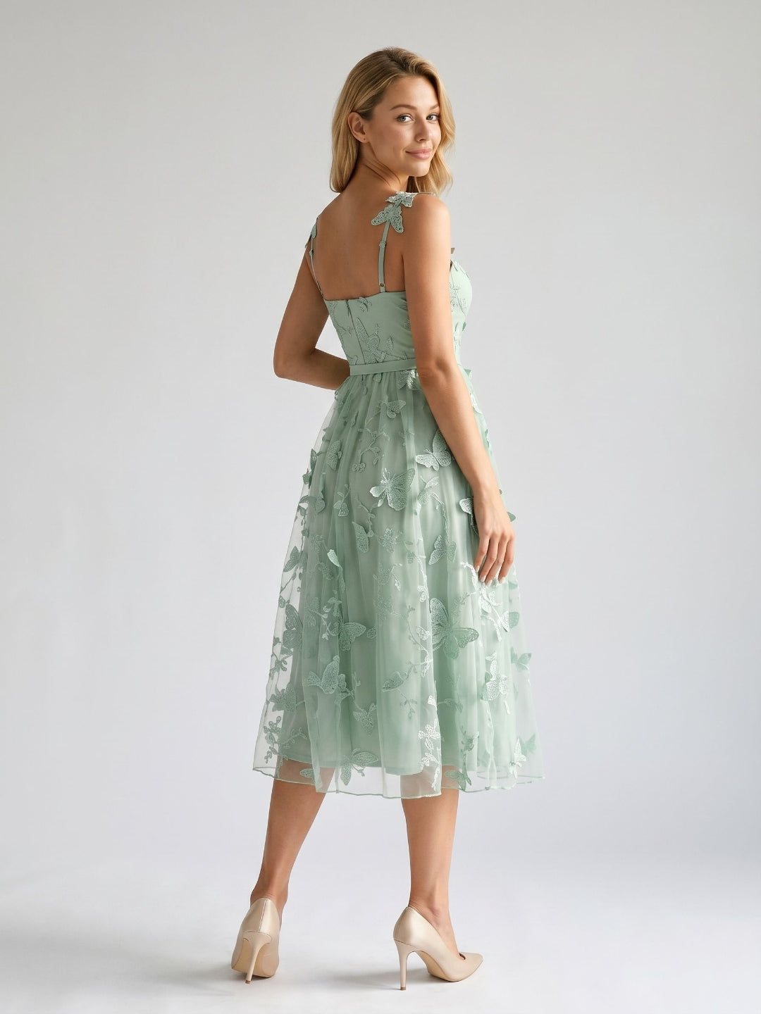 Mint Green Lace A-Line Square Neck Tea-Length Birthday Dress