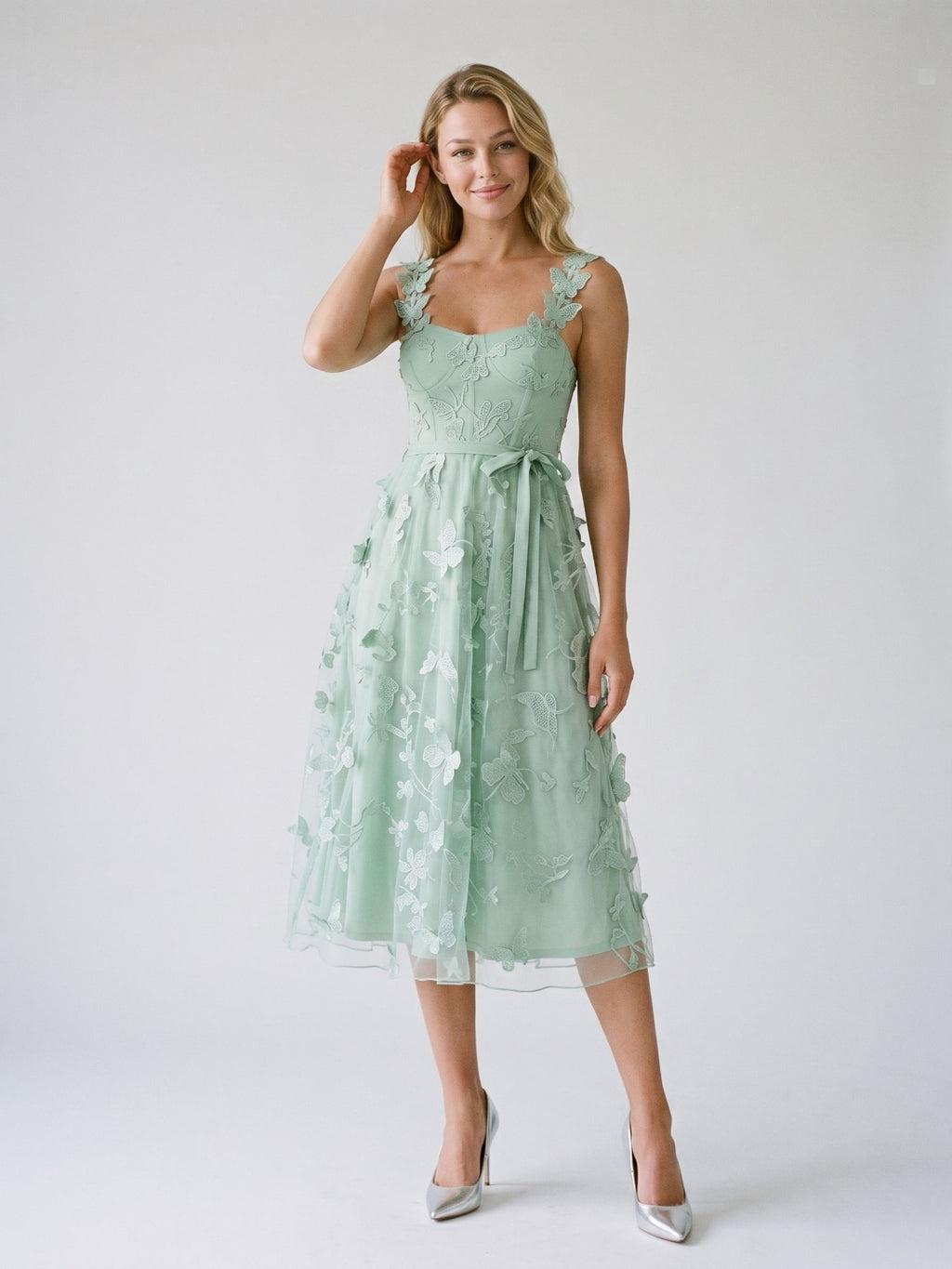 Mint Green Lace A-Line Square Neck Tea-Length Birthday Dress
