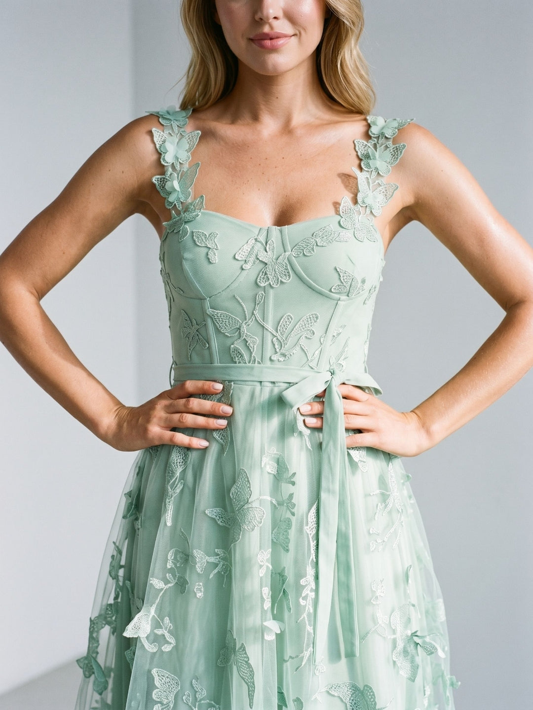 Mint Green Lace A-Line Square Neck Tea-Length Birthday Dress