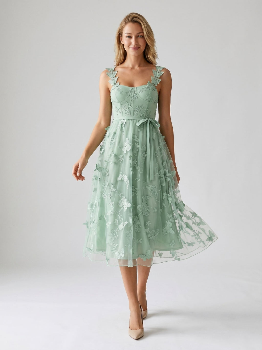 Mint Green Lace A-Line Square Neck Tea-Length Birthday Dress