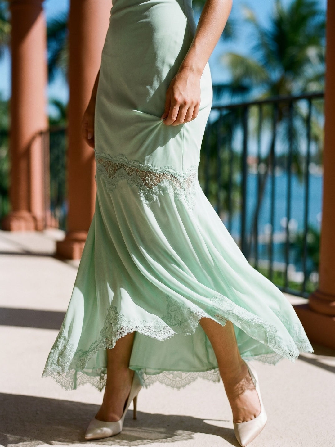 Mint Green Lace Mermaid Sweetheart Side Zip Ankle-Length Evening Dress