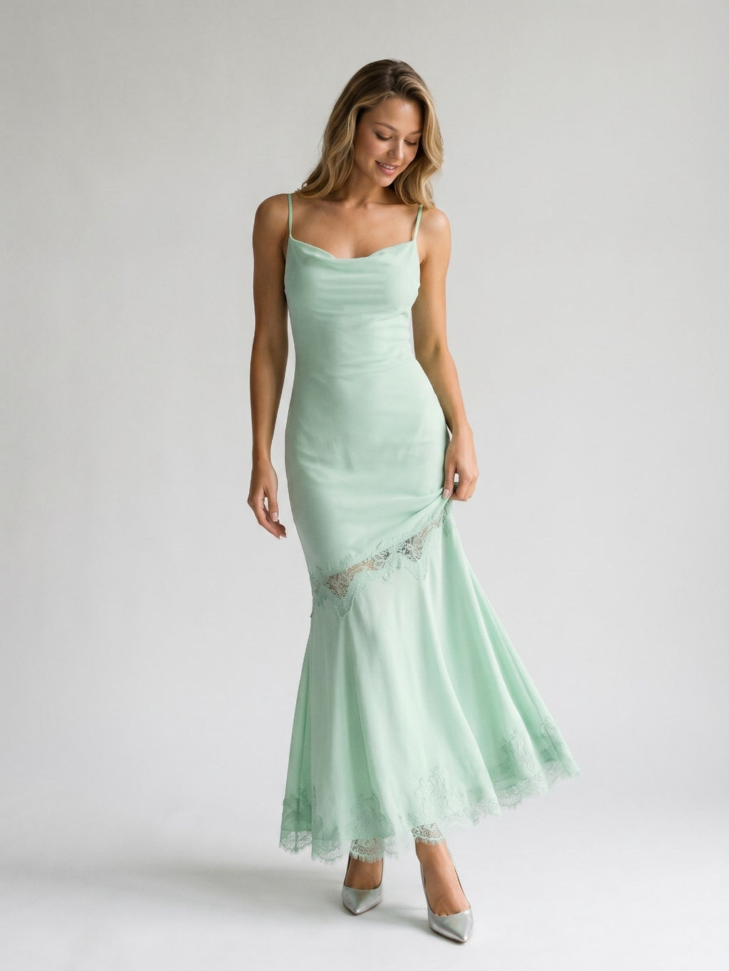 Mint Green Lace Mermaid Sweetheart Side Zip Ankle-Length Evening Dress