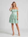 Mint Green Satin A-Line Off-the-Shoulder Lace-Up Back Short Birthday Dress with Cascading Ruffles
