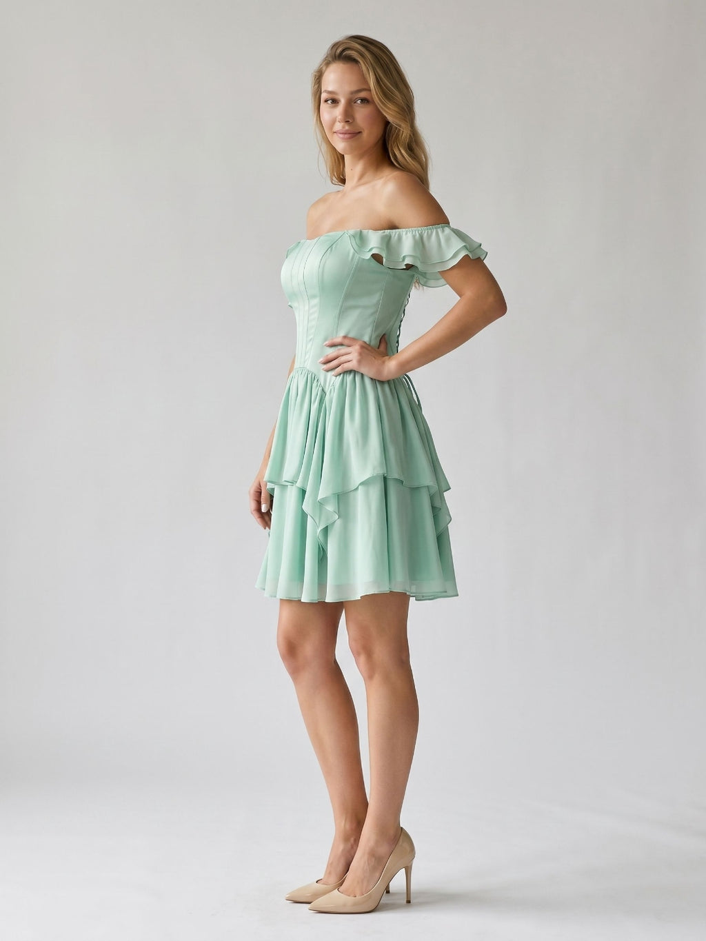 Mint Green Satin A-Line Off-the-Shoulder Lace-Up Back Short Birthday Dress with Cascading Ruffles