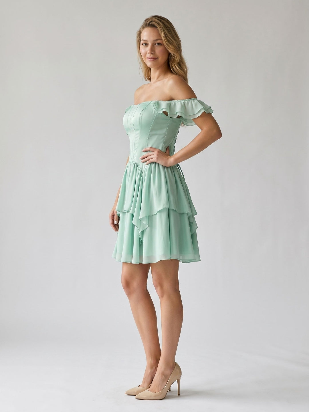 Mint Green Satin A-Line Off-the-Shoulder Lace-Up Back Short Birthday Dress with Cascading Ruffles