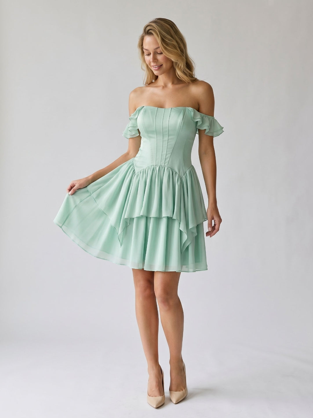 Mint Green Satin A-Line Off-the-Shoulder Lace-Up Back Short Birthday Dress with Cascading Ruffles
