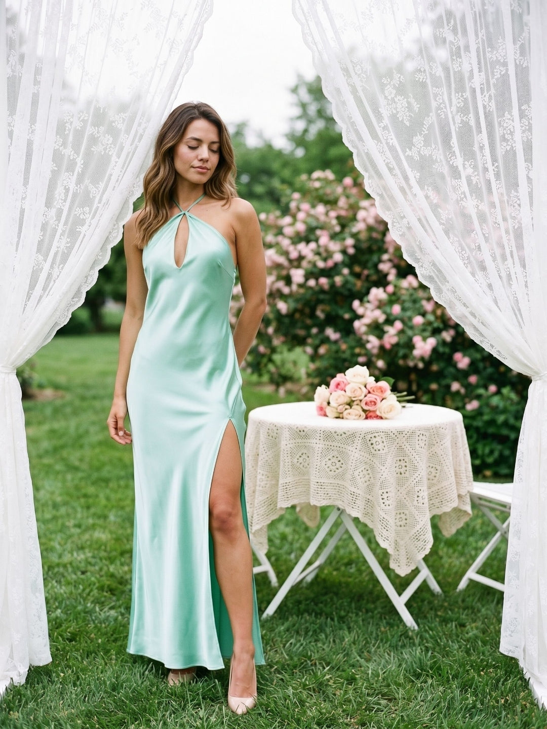 Mint Green Satin Sheath Halter Neckline Backless Floor-Length Evening Dress