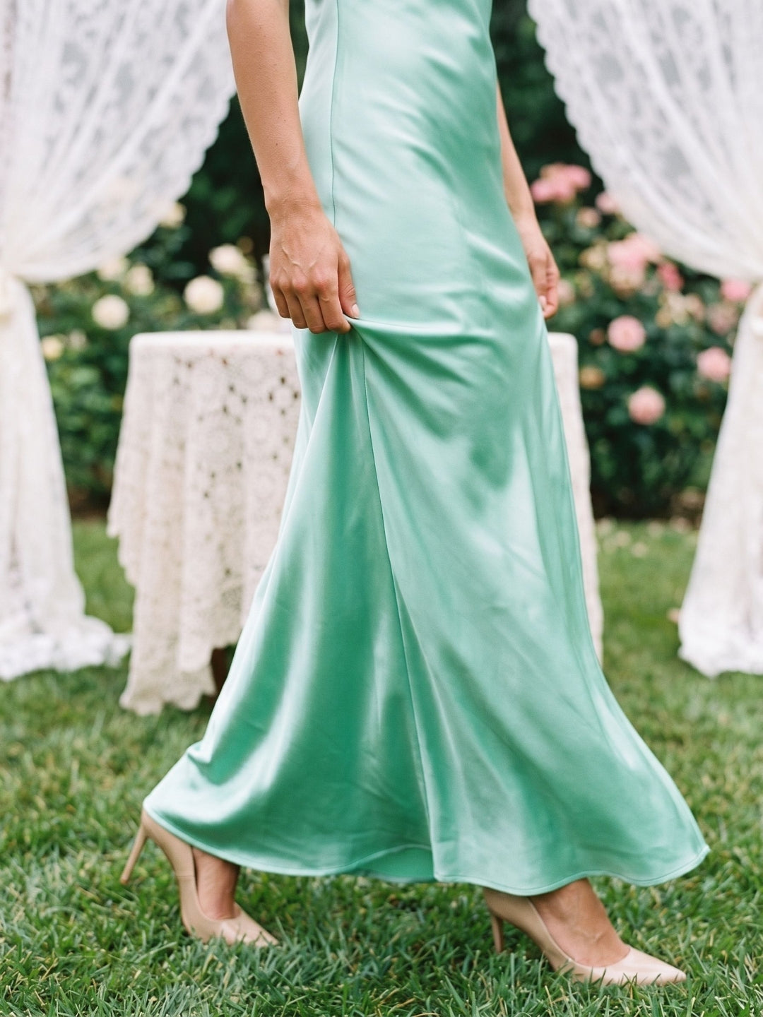 Mint Green Satin Sheath Halter Neckline Backless Floor-Length Evening Dress