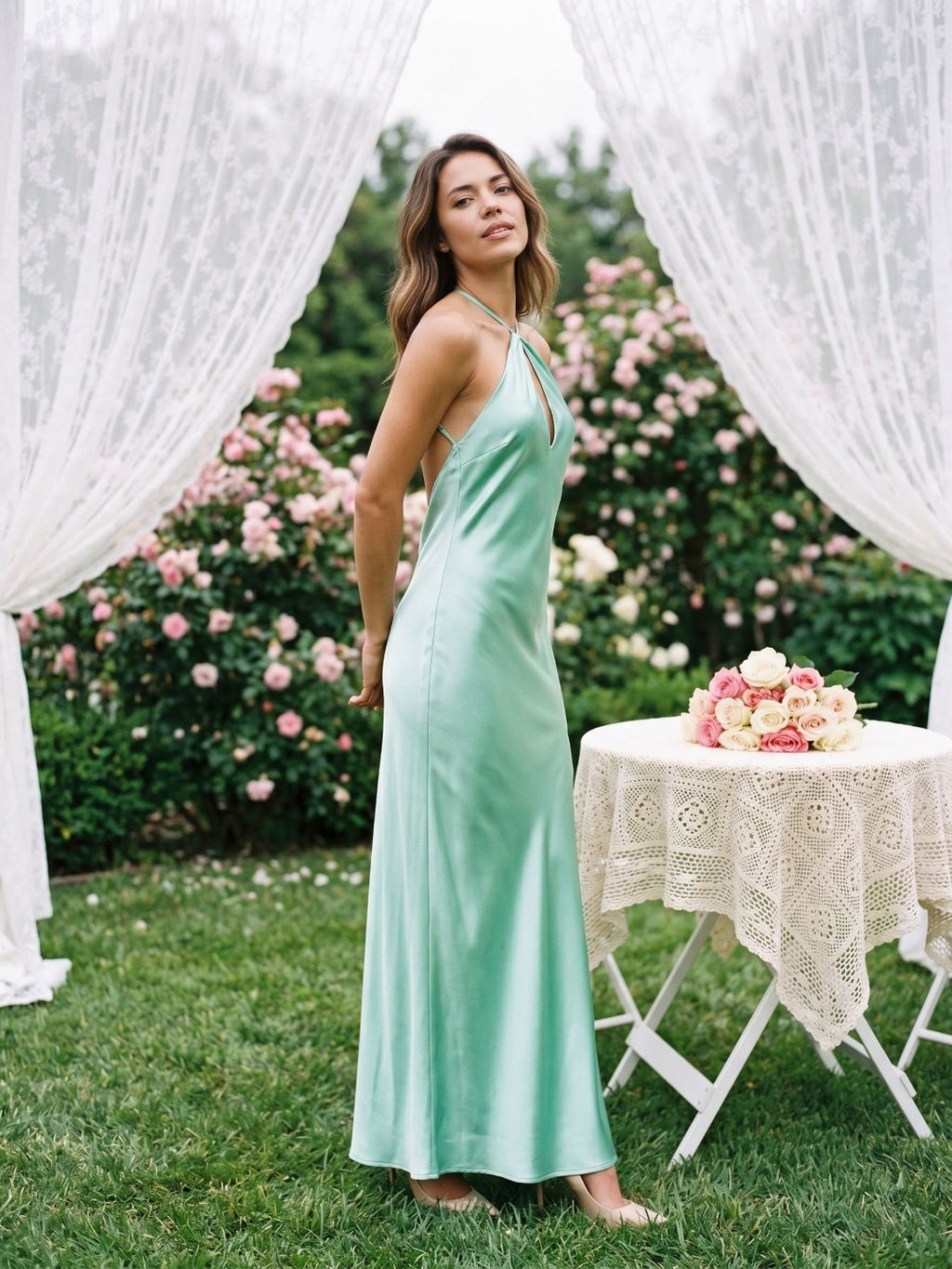 Mint Green Satin Sheath Halter Neckline Backless Floor-Length Evening Dress
