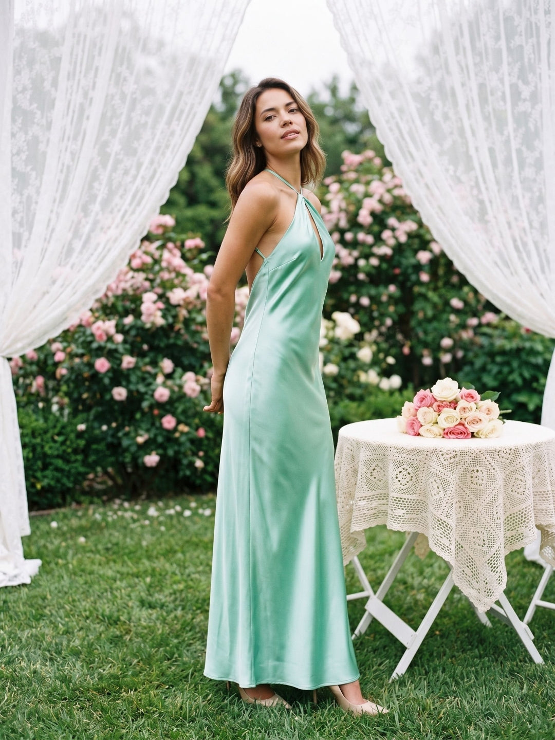 Mint Green Satin Sheath Halter Neckline Backless Floor-Length Evening Dress