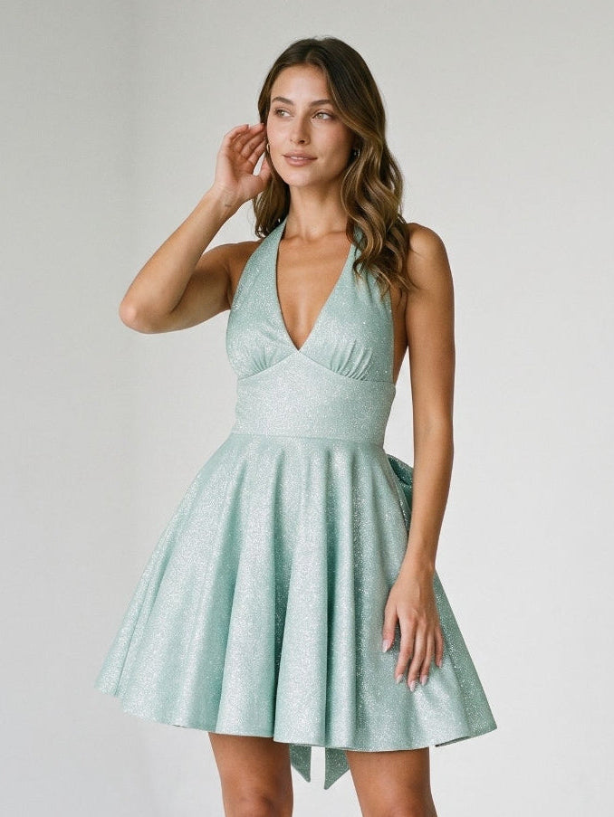 Mint Green Sequin A-Line Halter Neckline Back Zip Short Dress with Bow