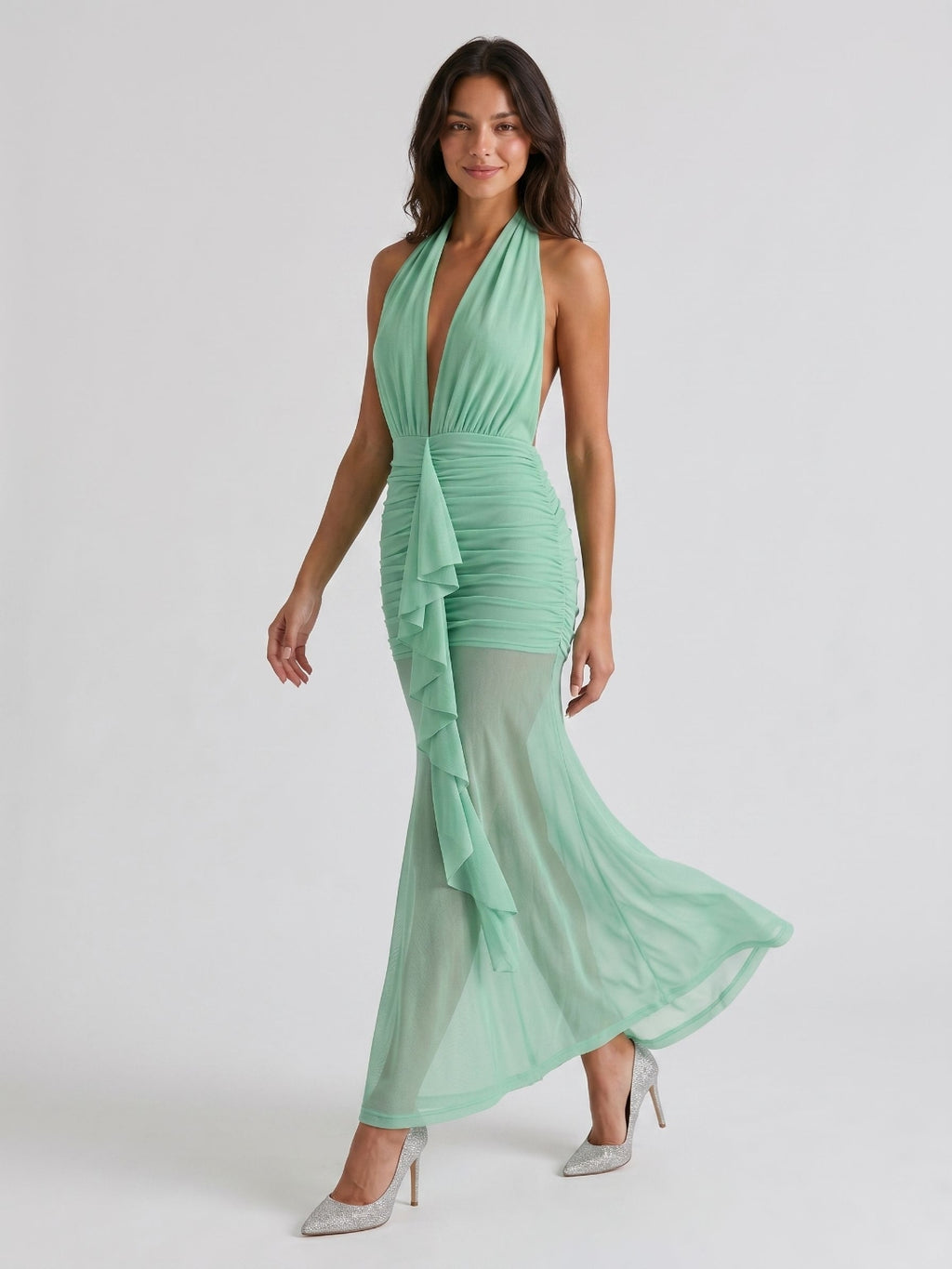 Mint Green Stretch Knit Sheath Halter Backless Ankle-Length Evening Dress