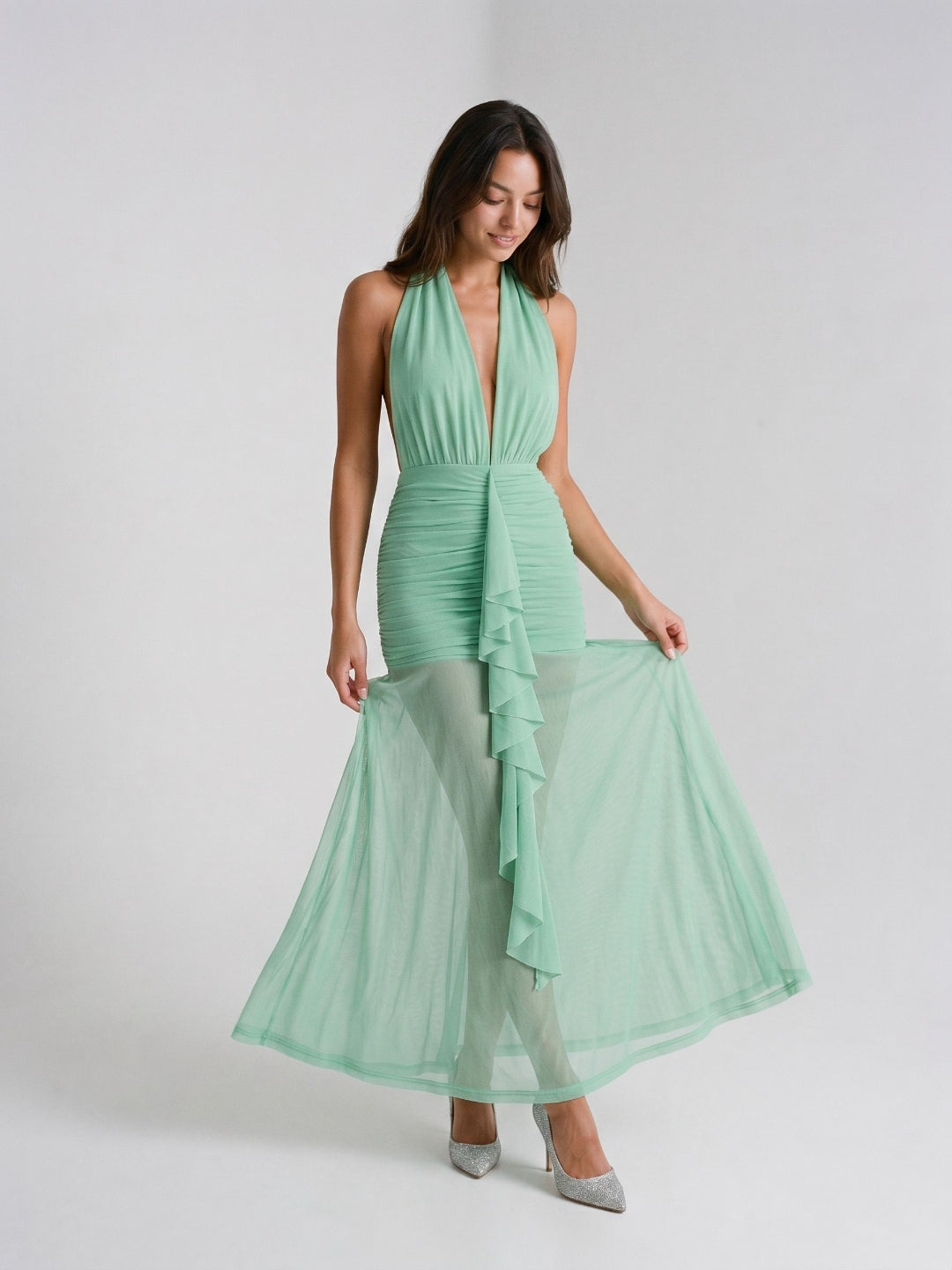 Mint Green Stretch Knit Sheath Halter Backless Ankle-Length Evening Dress
