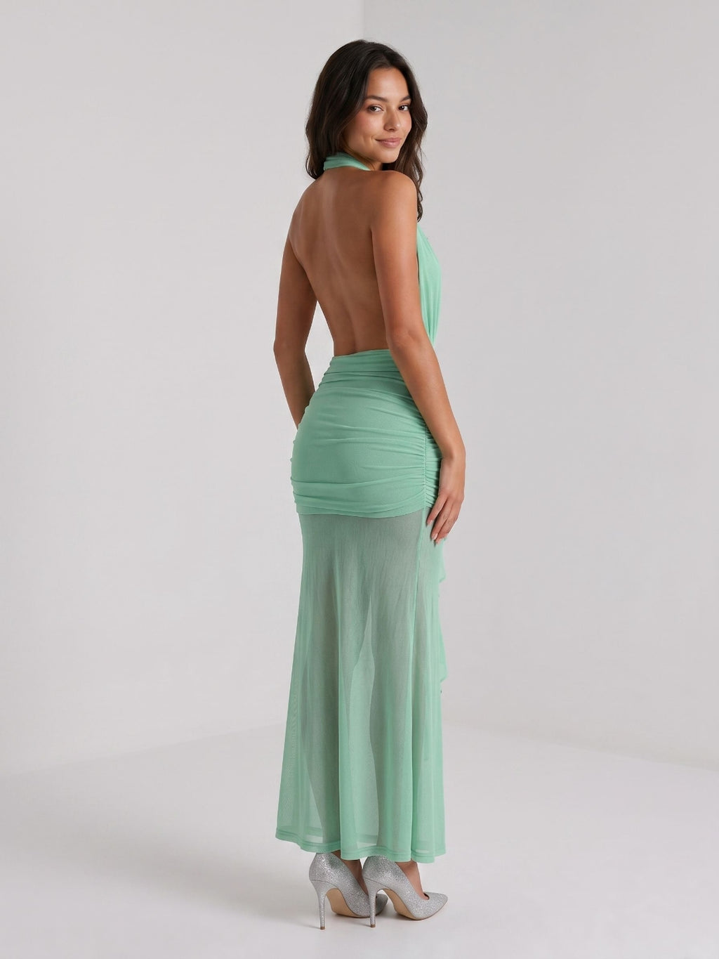 Mint Green Stretch Knit Sheath Halter Backless Ankle-Length Evening Dress