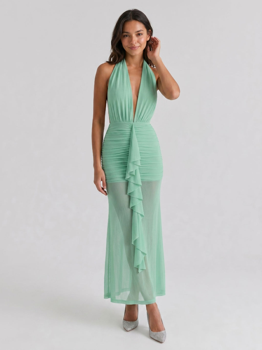 Mint Green Stretch Knit Sheath Halter Backless Ankle-Length Evening Dress