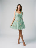 Mint Green Tulle A-Line Sweetheart Back Zip Short Homecoming Dress with Floral Appliques
