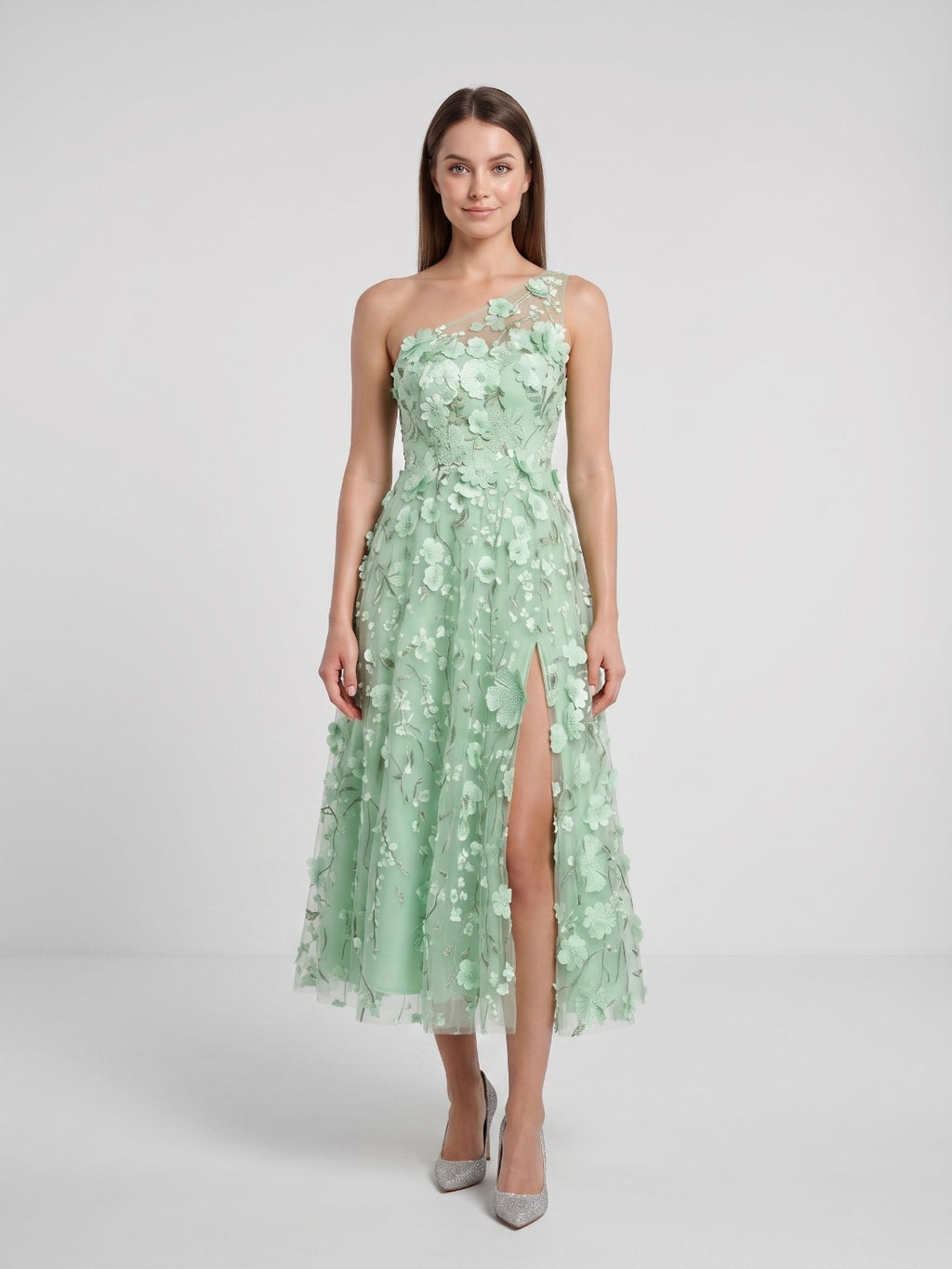 Sky Blue with Pastel Flowers Mesh Tulle A-Line One Shoulder Midi Dress