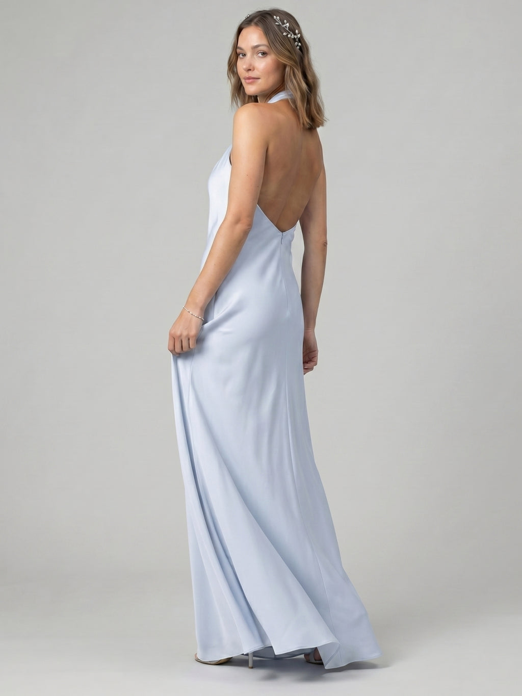 Elegant Mist Satin column Halter neckline Ankle-Length Bridesmaid Dress with Minimalist Design