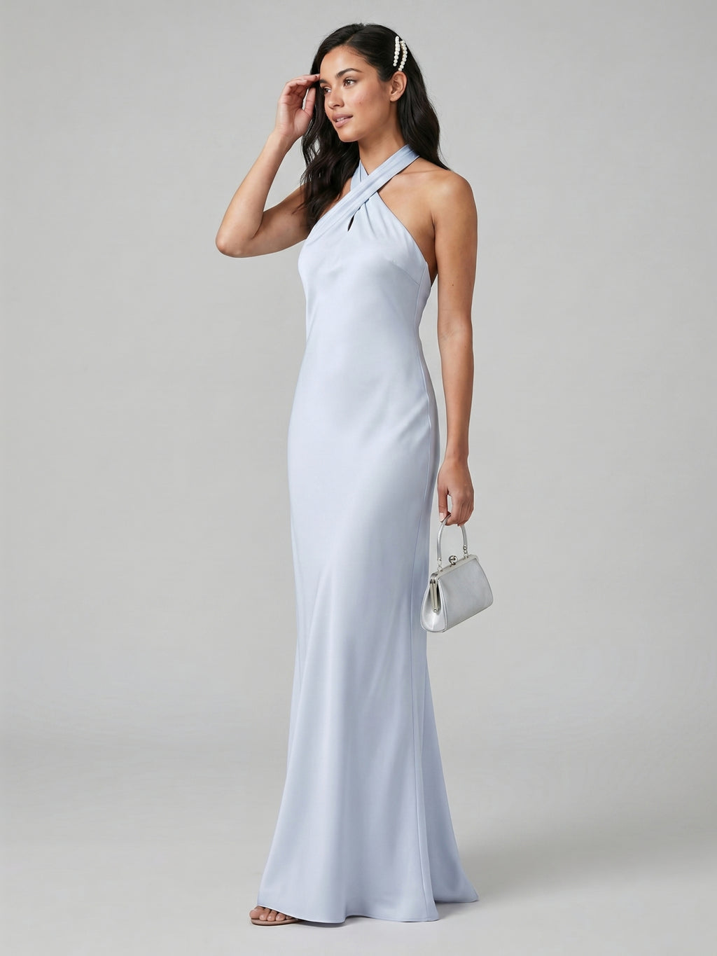 Elegant Mist Satin column Halter neckline Ankle-Length Bridesmaid Dress with Minimalist Design