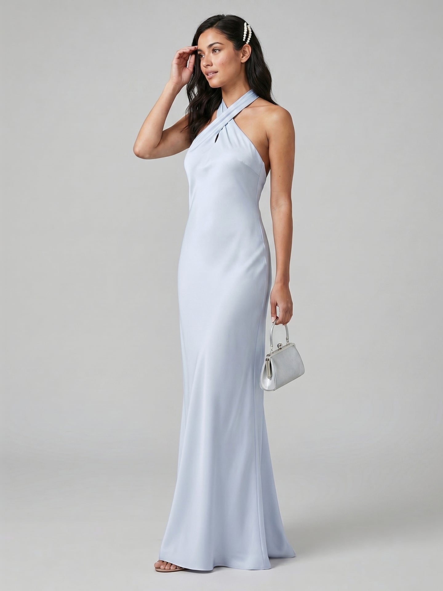Elegant Mist Satin column Halter neckline Ankle-Length Bridesmaid Dress with Minimalist Design