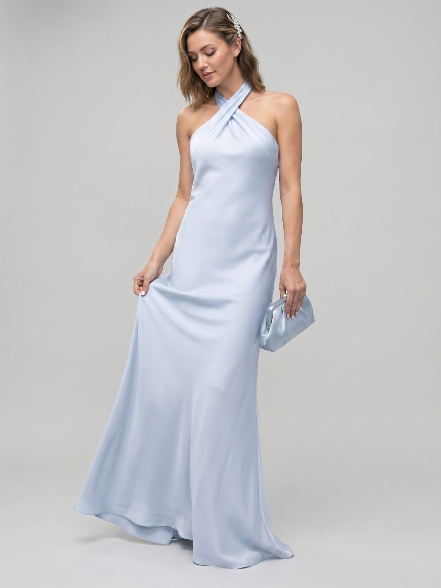 Elegant Mist Satin column Halter neckline Ankle-Length Bridesmaid Dress with Minimalist Design