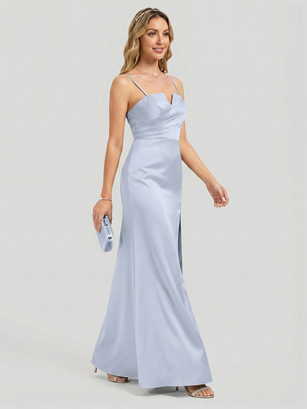 Elegant Mist Satin A-Line Straight Neck Back Zip Ankle-Length Bridesmaid Dress
