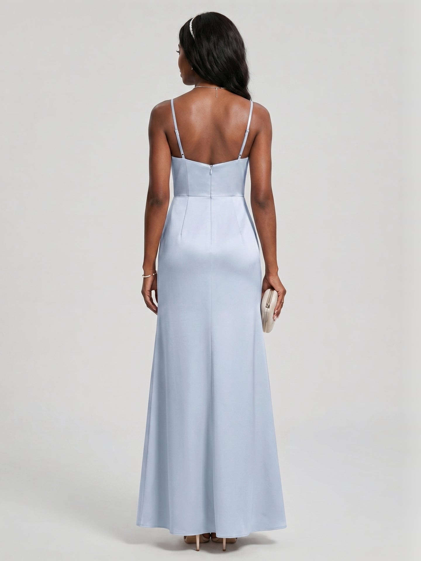 Elegant Mist Satin A-Line Straight Neck Back Zip Ankle-Length Bridesmaid Dress