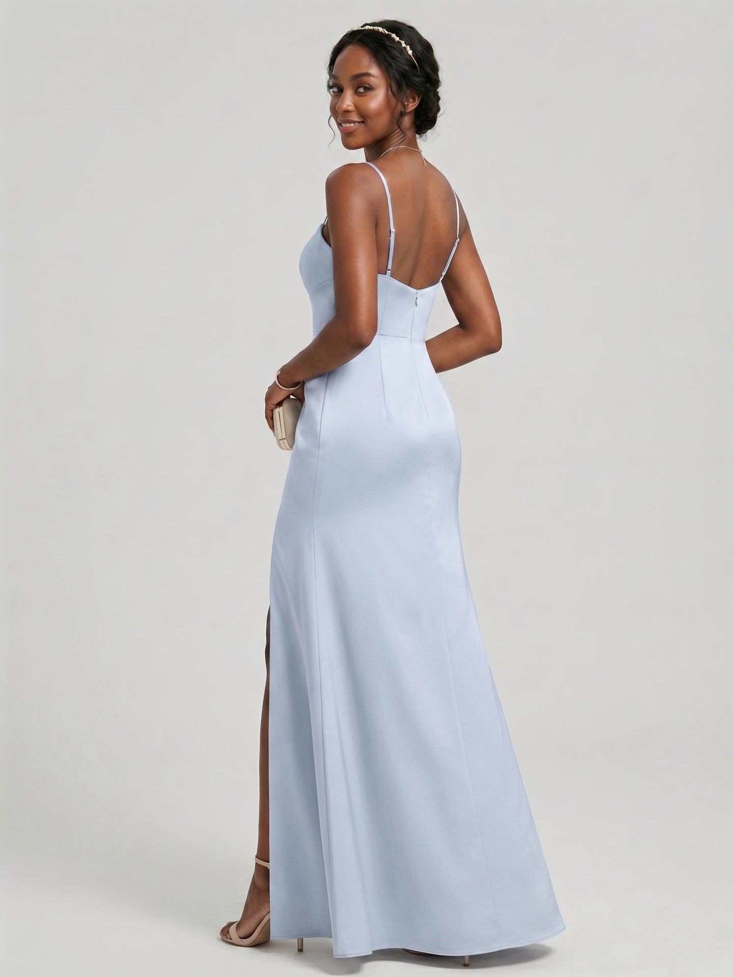 Elegant Mist Satin A-Line Straight Neck Back Zip Ankle-Length Bridesmaid Dress