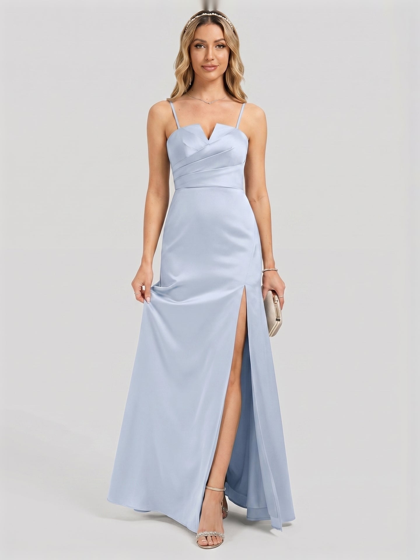 Elegant Mist Satin A-Line Straight Neck Back Zip Ankle-Length Bridesmaid Dress