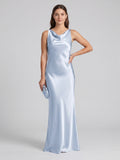 Elegant Mist Satin mermaid Cowl Neck Back Zip Ankle-Length Bridesmaid Dress