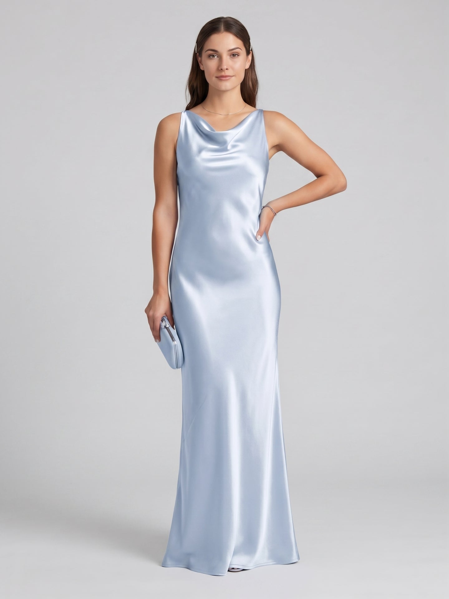 Elegant Mist Satin mermaid Cowl Neck Back Zip Ankle-Length Bridesmaid Dress