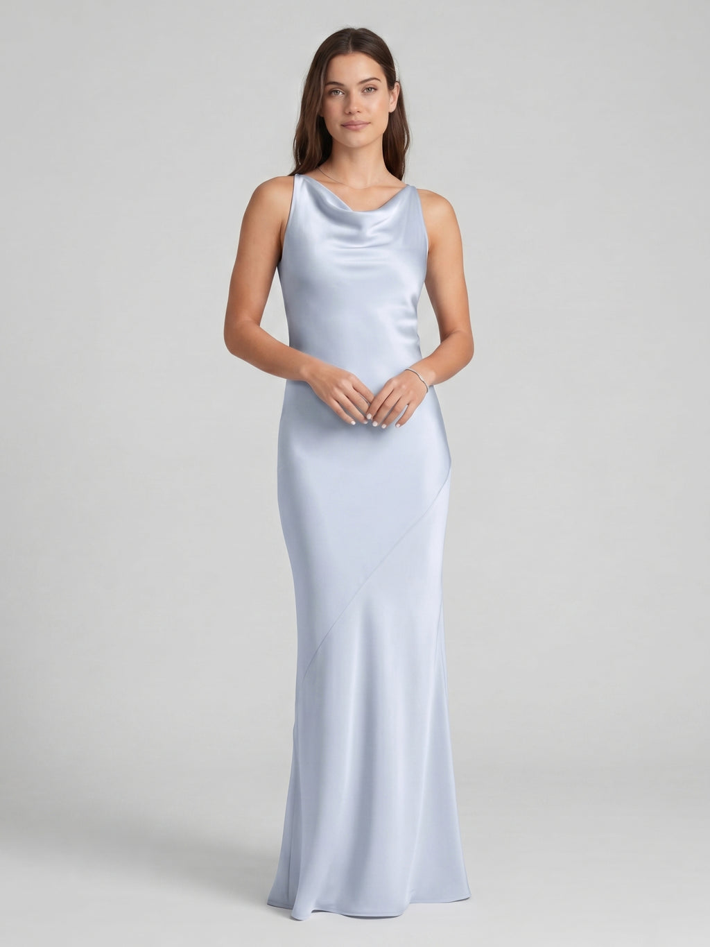 Elegant Mist Satin mermaid Cowl Neck Back Zip Ankle-Length Bridesmaid Dress