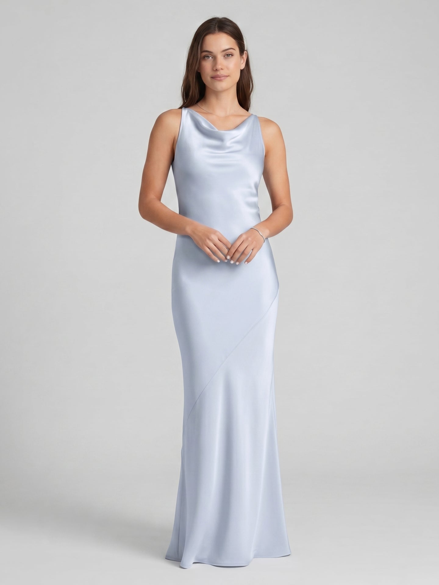 Elegant Mist Satin mermaid Cowl Neck Back Zip Ankle-Length Bridesmaid Dress