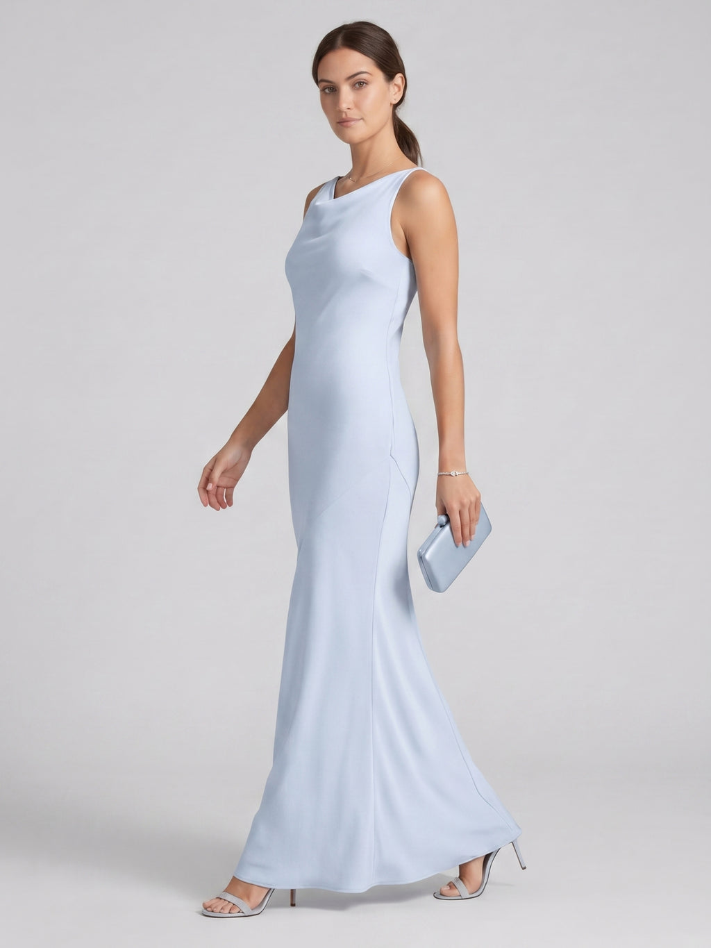 Elegant Mist Satin mermaid Cowl Neck Back Zip Ankle-Length Bridesmaid Dress
