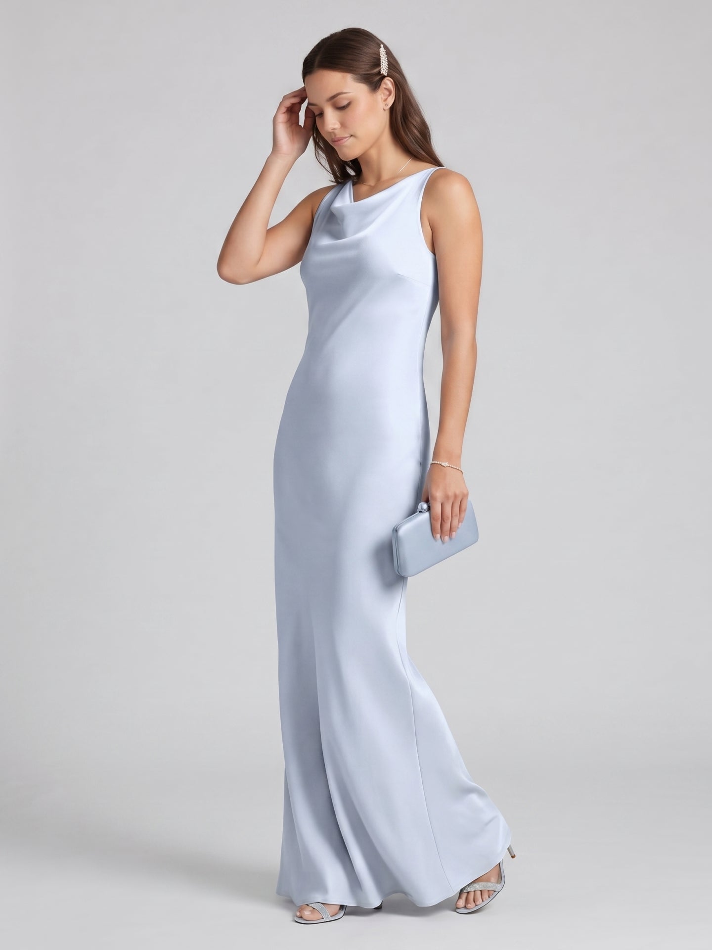 Elegant Mist Satin mermaid Cowl Neck Back Zip Ankle-Length Bridesmaid Dress