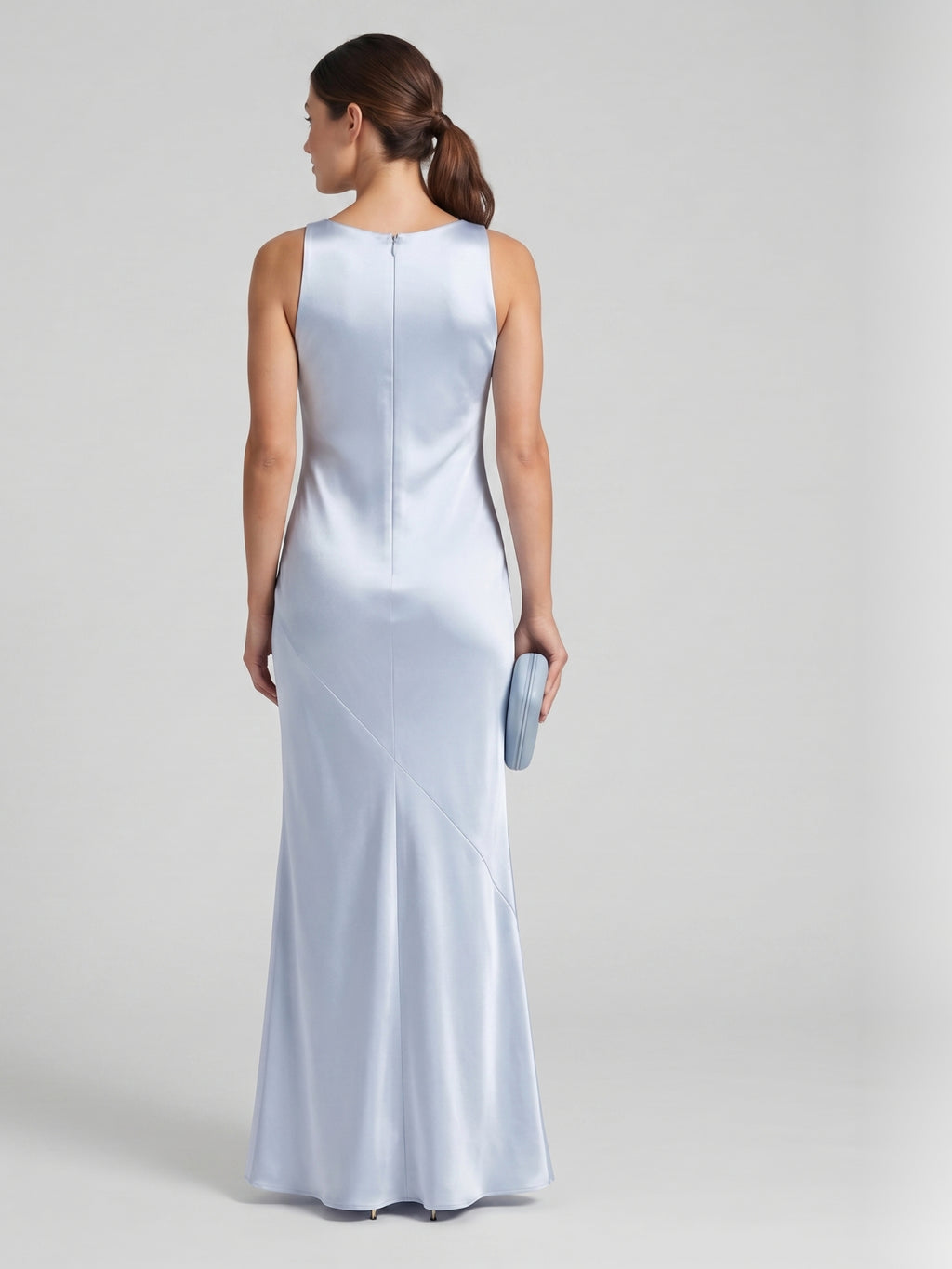 Elegant Mist Satin mermaid Cowl Neck Back Zip Ankle-Length Bridesmaid Dress
