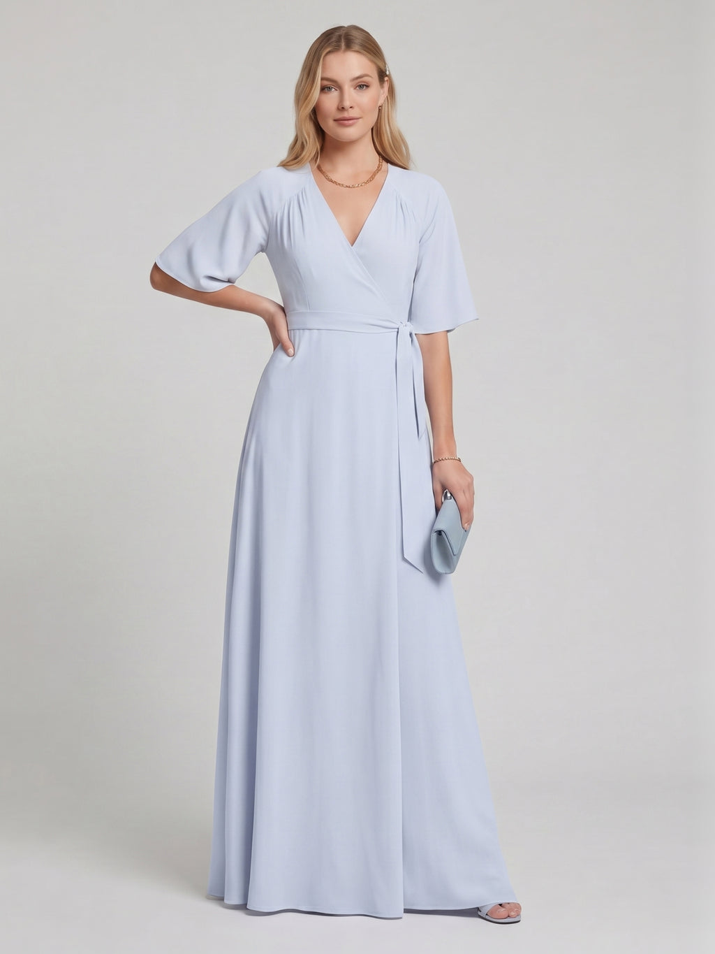 Simple Mist Chiffon A-Line V-Neck Back Zip Ankle-Length Bridesmaid Dress