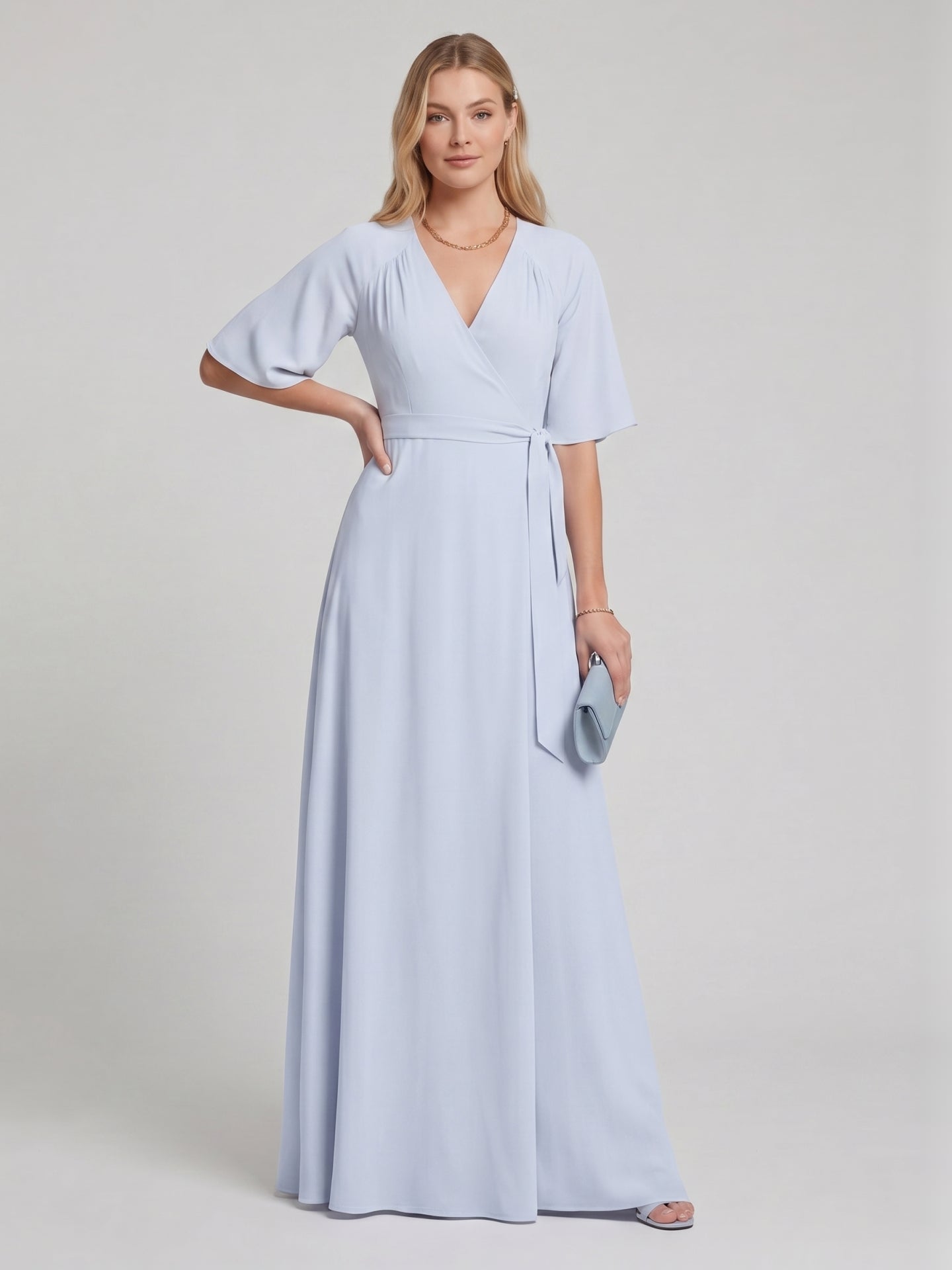 Simple Mist Chiffon A-Line V-Neck Back Zip Ankle-Length Bridesmaid Dress