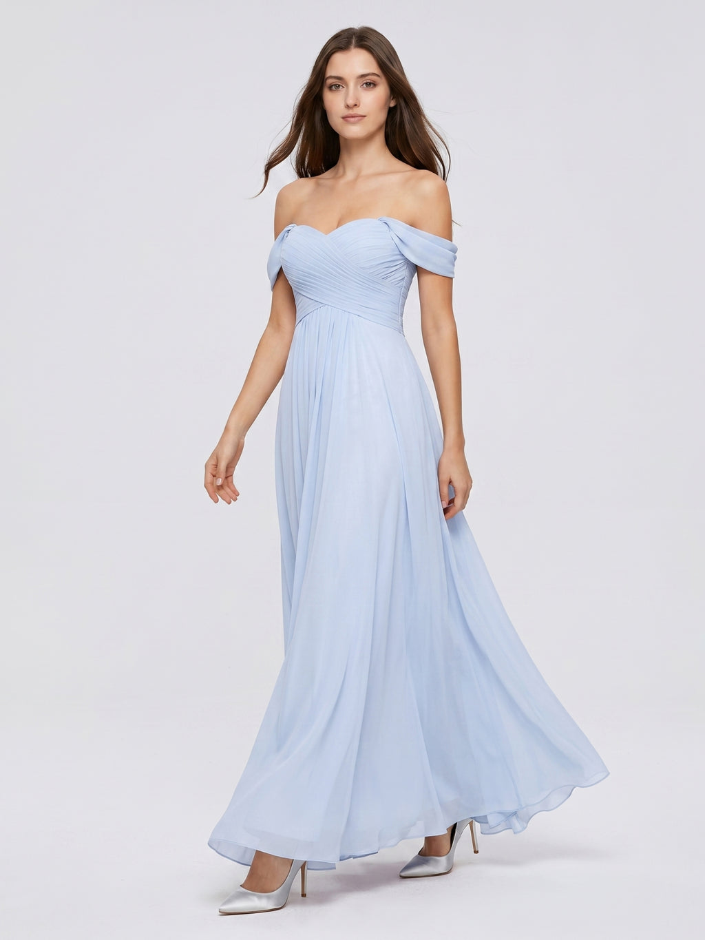 Mist Chiffon A-Line Off-the-Shoulder Backless Floor-Length Bridesmaid Dress with Pleated Details